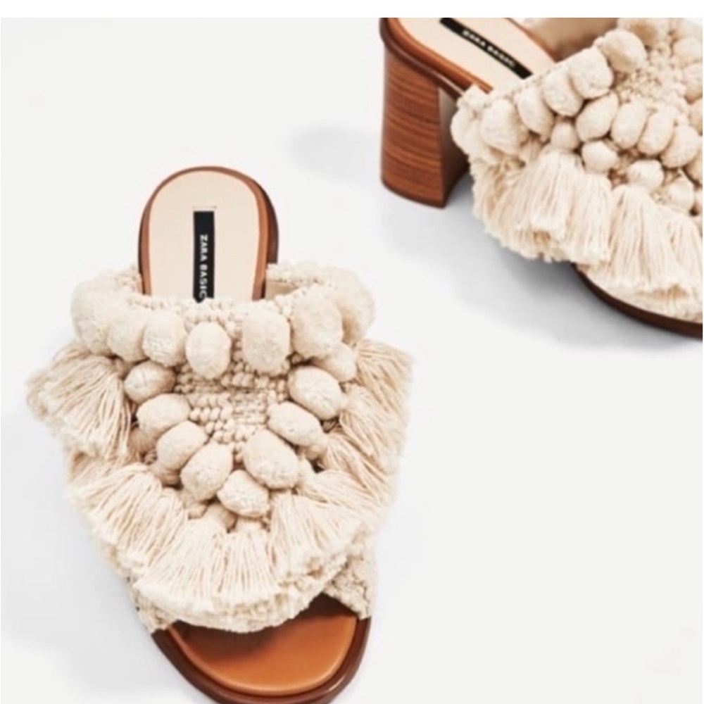 NWT Zara Crochet Pom Pom Embroidered Fringe Stacked Heel - Picture 10 of 11